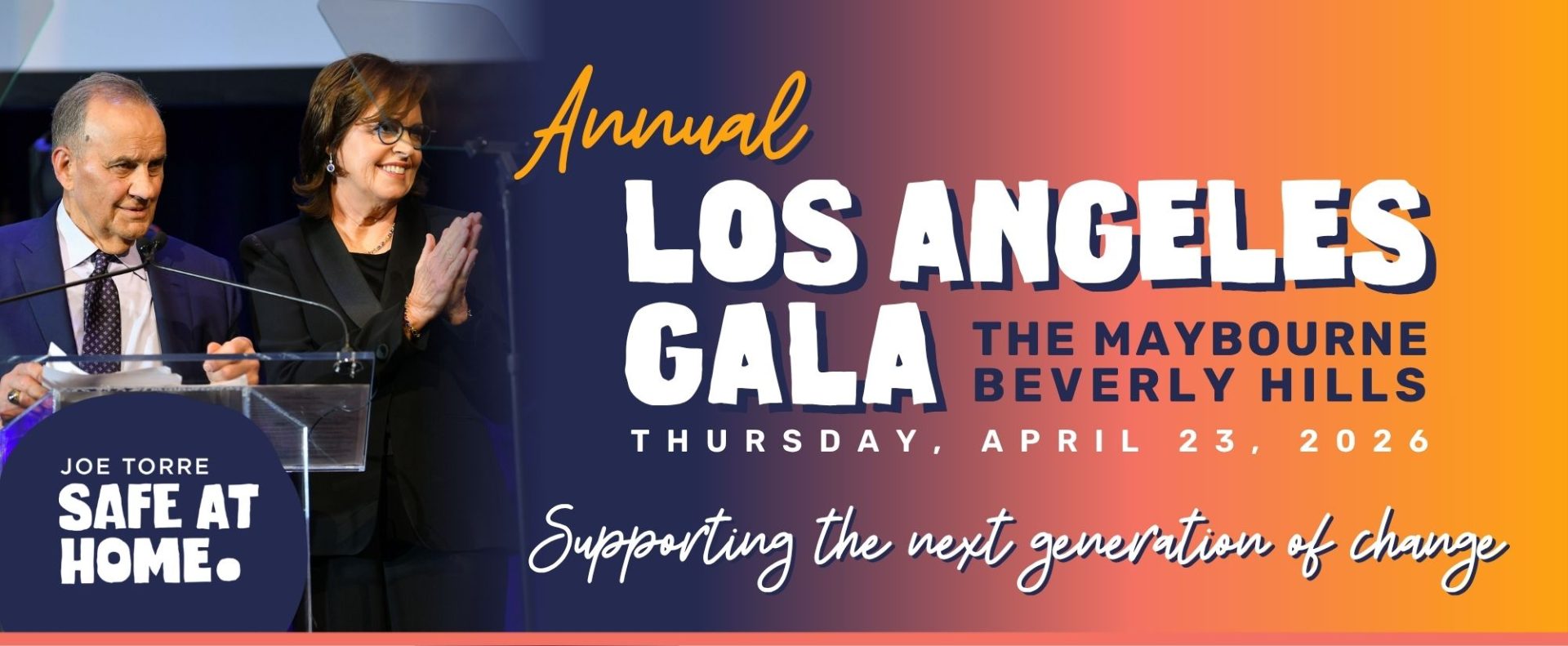 Banner for the Annual Los Angeles Gala with two hosts at a podium on the left and the event name on a navy-to-orange gradient background.