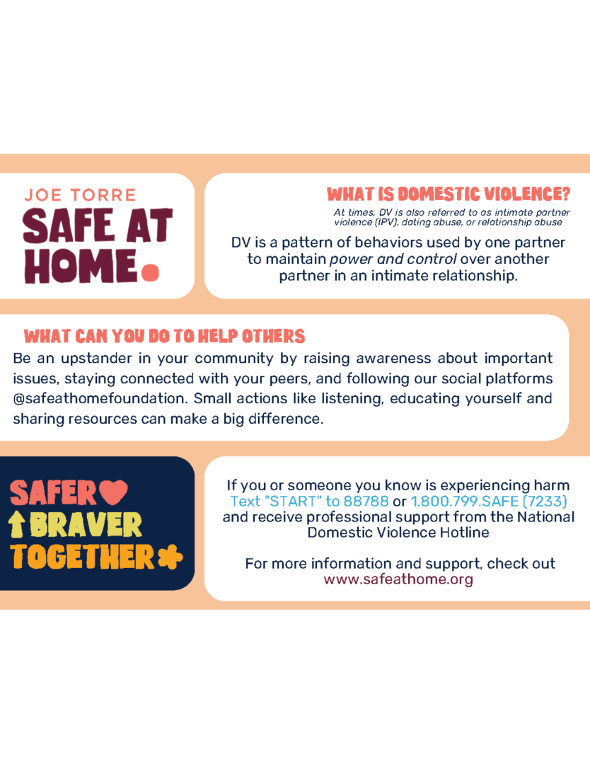 1 - Joe Torre Safe At Home Foundation Infographic about domestic violence with Safe at Home branding, defining DV as power and control in intimate relationships and listing helplines and resources.
