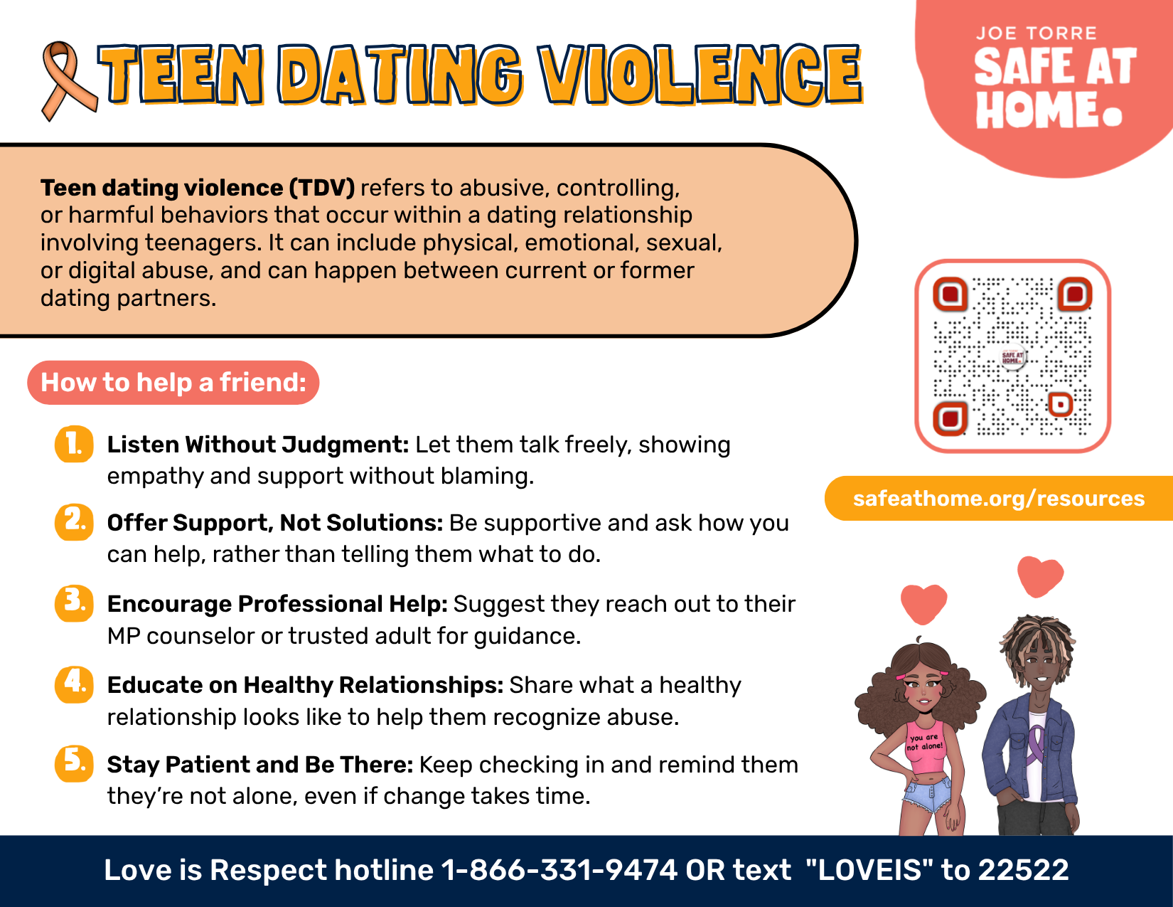 Infographic about teen dating violence with a definition box and a QR code for resources, plus a Safe at Home branding.