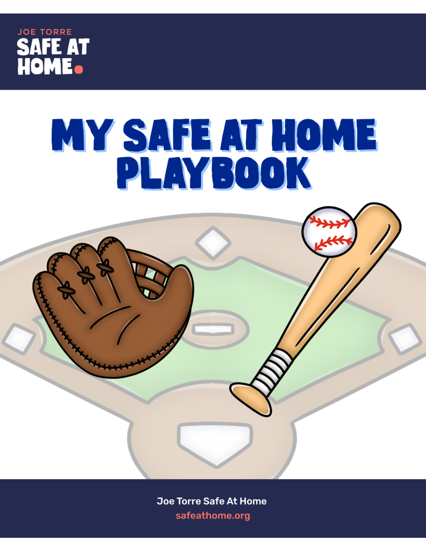 Joe Torre Safe At Home Baseball Workbook - Joe Torre Safe At Home Foundation Book cover for Joe Torre Safe At Home Playbook featuring a baseball glove and bat over a baseball field with a dark header and footer.