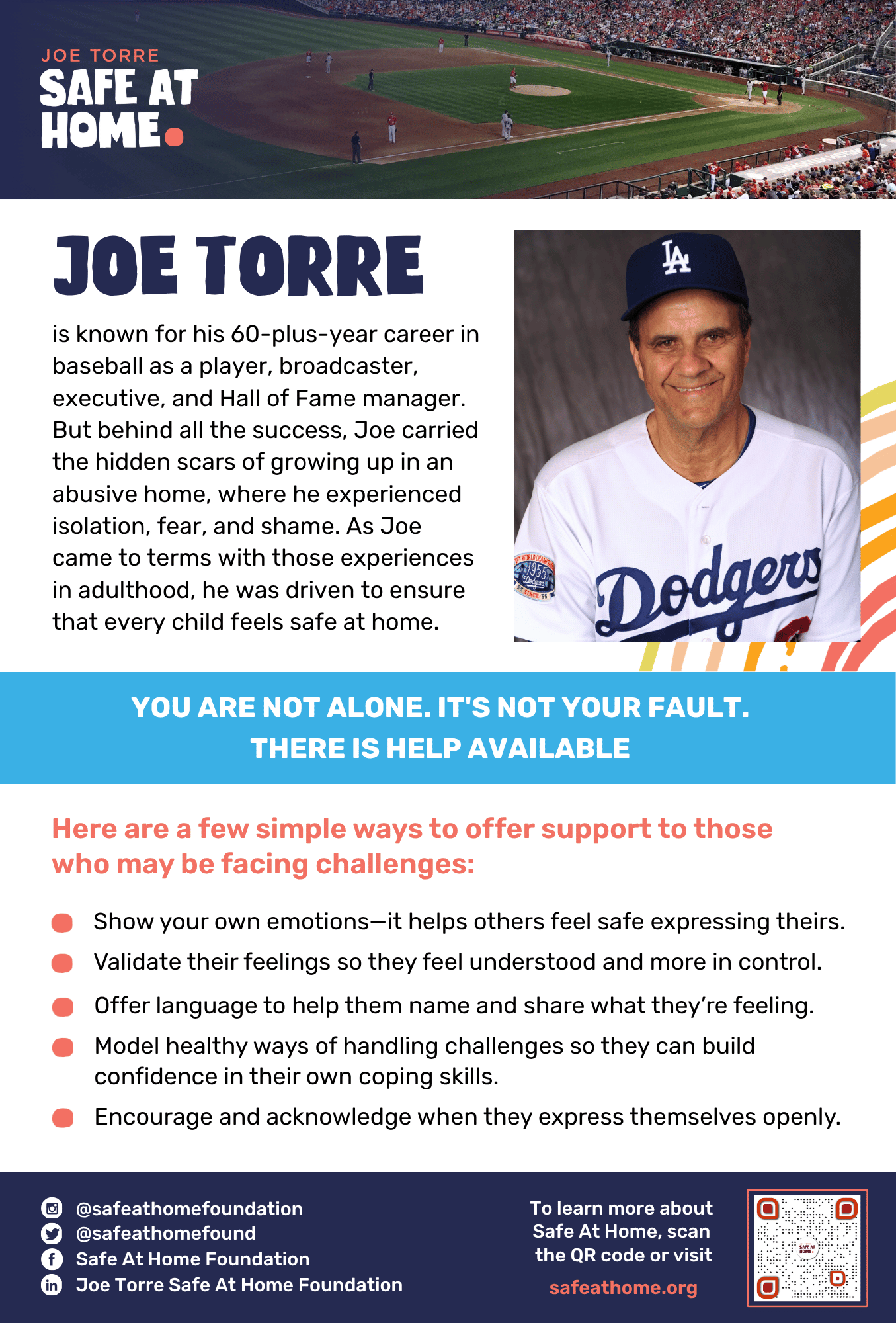 Hero banner for Safe At Home featuring Joe Torre headline and a portrait of Joe Torre in a Dodgers uniform beside a baseball field backdrop.