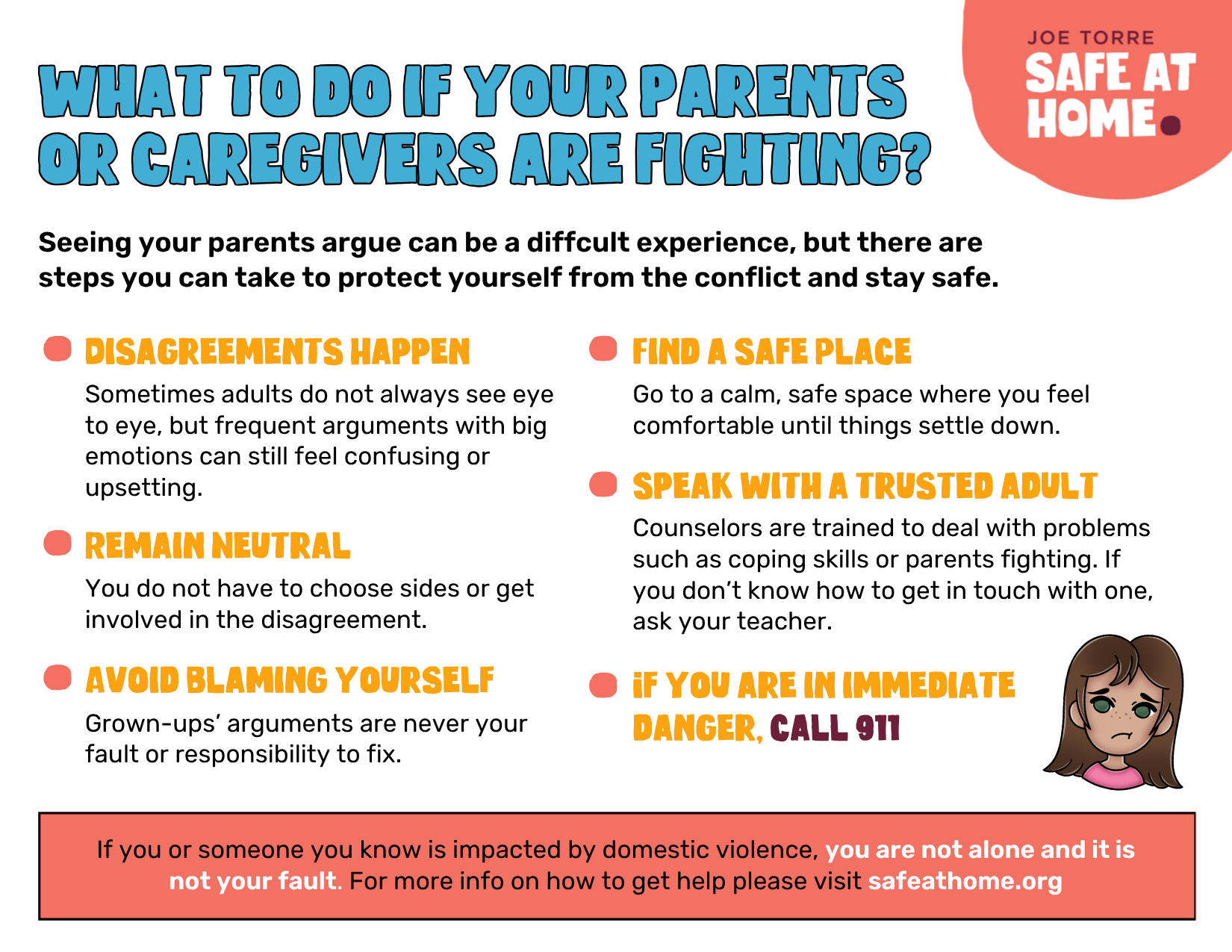 Colorful kid-friendly poster about staying safe when parents fight, with tips like find a safe place, speak with a trusted adult, and avoid blame.