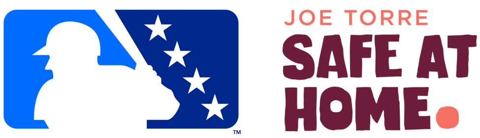 MLB logo with a batter silhouette on blue, stars, next to text 'JOE TORRE SAFE AT HOME'