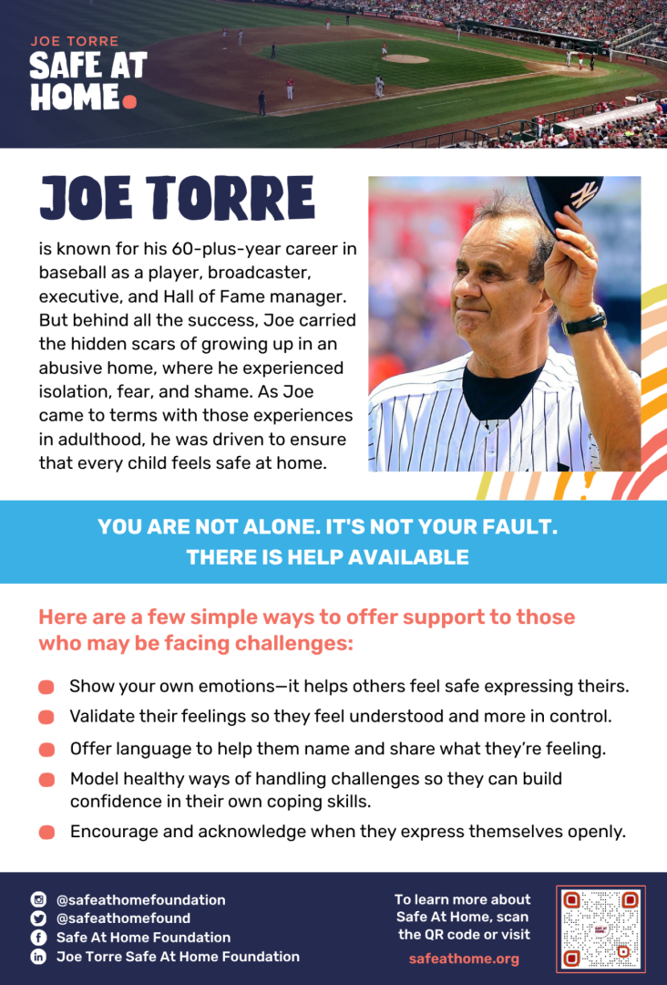 Infographic about Joe Torre Safe At Home: baseball-field header, bold Joe Torre title with a portrait of Torre, a blue support banner, and tips section with bullet points, plus footer elements.