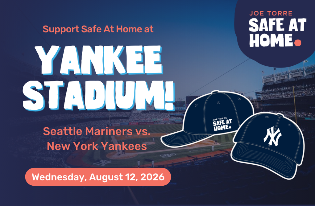Poster for a baseball game at Yankee Stadium: Mariners vs Yankees, August 12, 2026, with two navy caps and 'Safe At Home' branding.