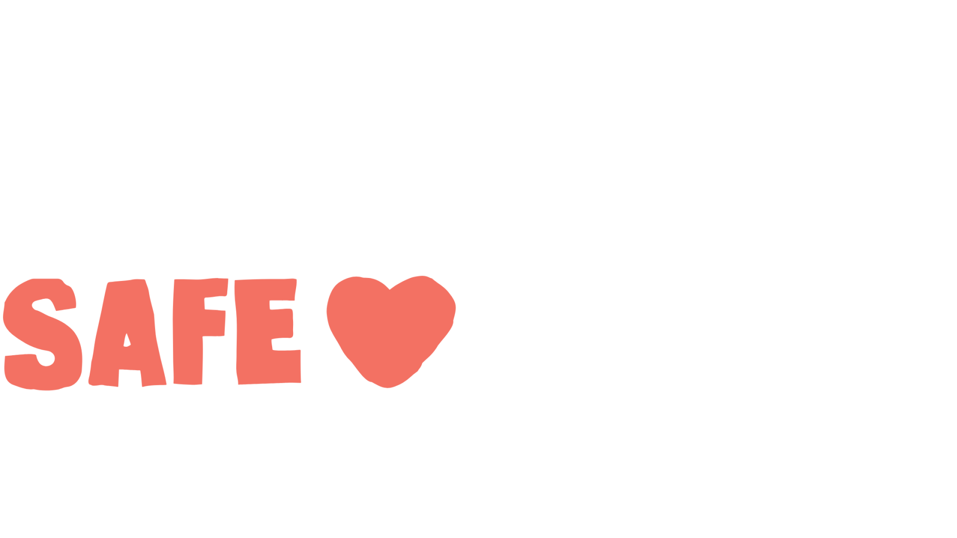 Banner text: 'Your gift helps create' in white, followed by coral 'SAFE' with a heart, and 'spaces for youth' on a black background