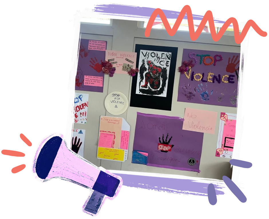 Bulletin board with anti-violence posters and handprint artwork (Stop Violence, No Violence) on a wall, plus a decorative megaphone graphic overlaid in the corner.